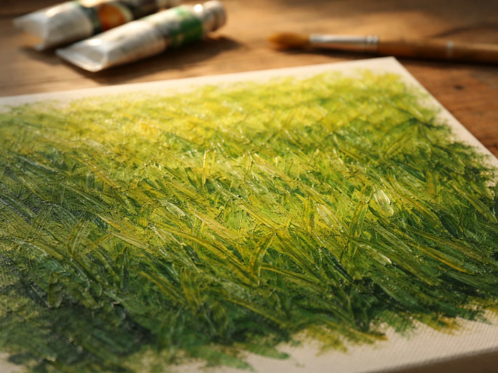 Close-up van een geschilderd olieverf-gazon met realistische groenlaagjes, schaduwen en penseeltextuur.