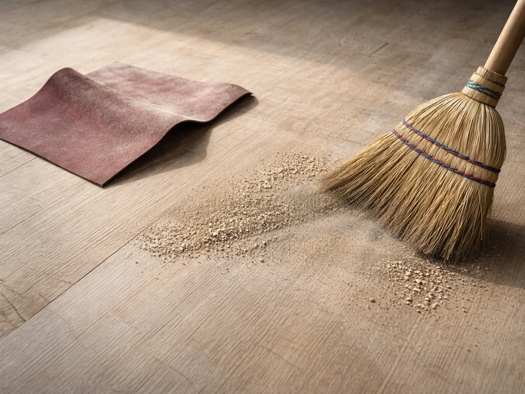 Schuurpapier op houten ondergrond met grasmotief, met bezem om stof en vuil te verwijderen.