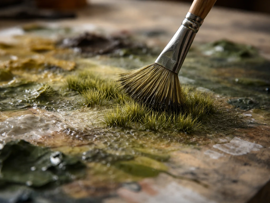 Close-up van een penseel dat textuur aanbrengt in natte verf voor een graspol-effect