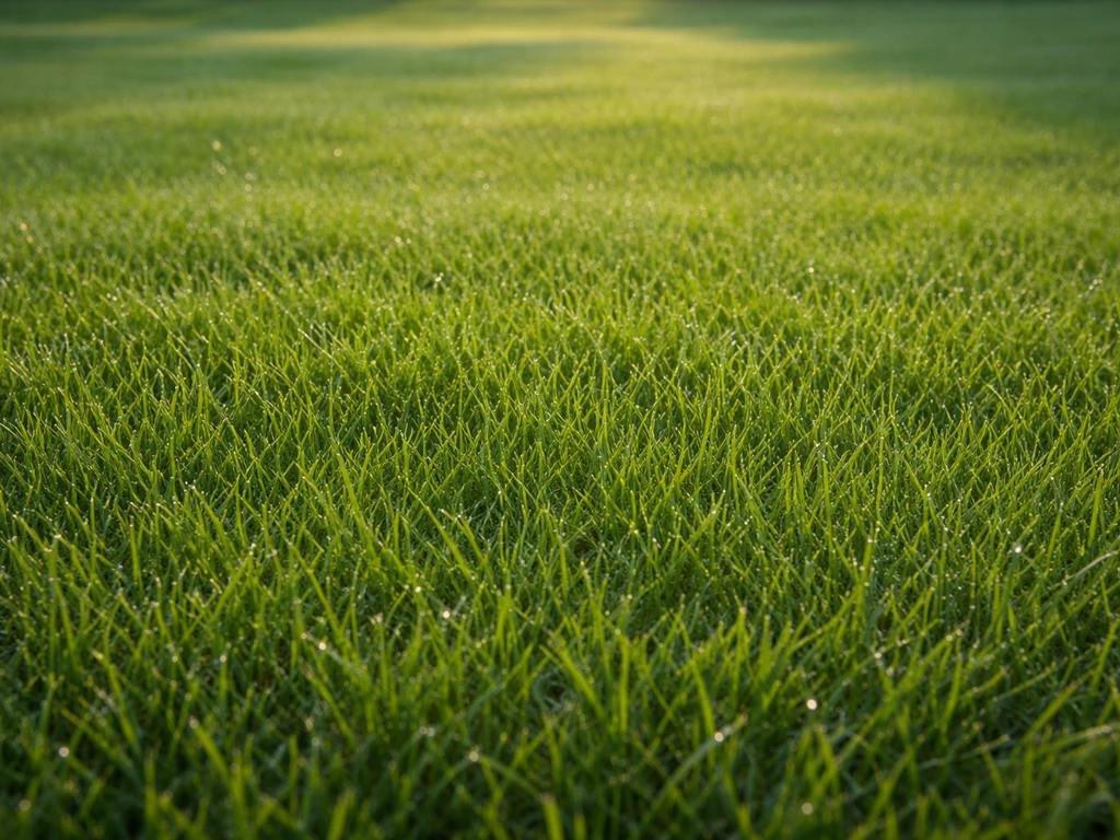 Diepgroen, gezond Nederlands gazon met gelijkmatige kleur en zichtbare grassprieten, lichte dauw.