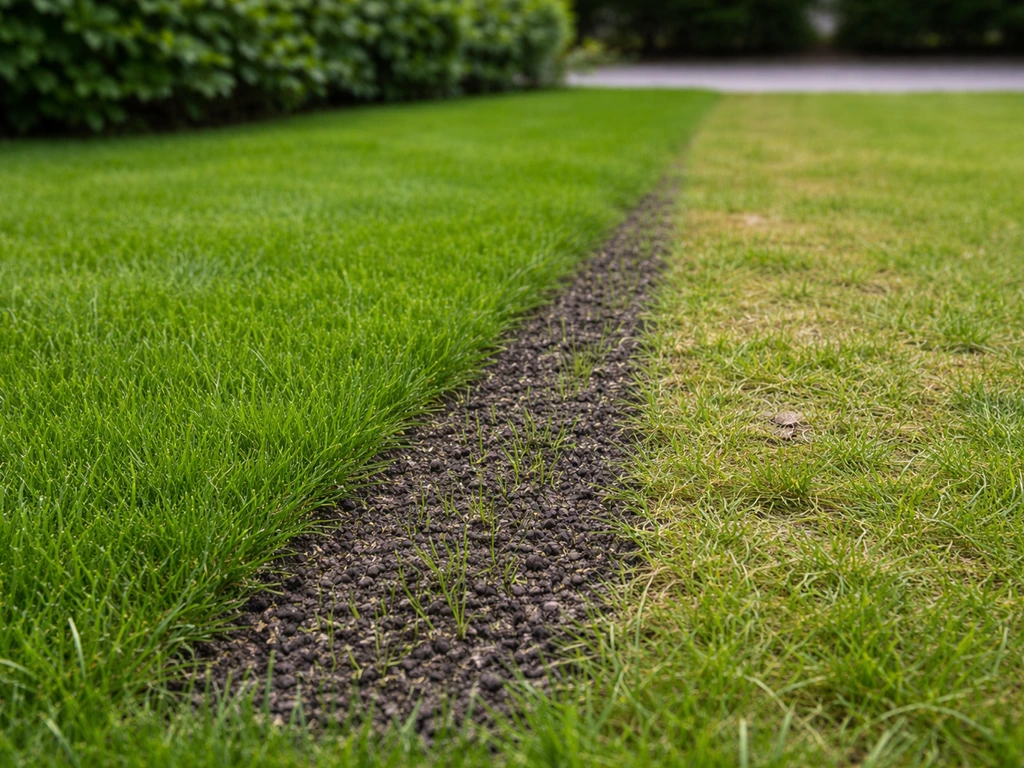 Detail van een gazon: gezonde maaihoogte naast een heringezaaide kale plek na droogte.