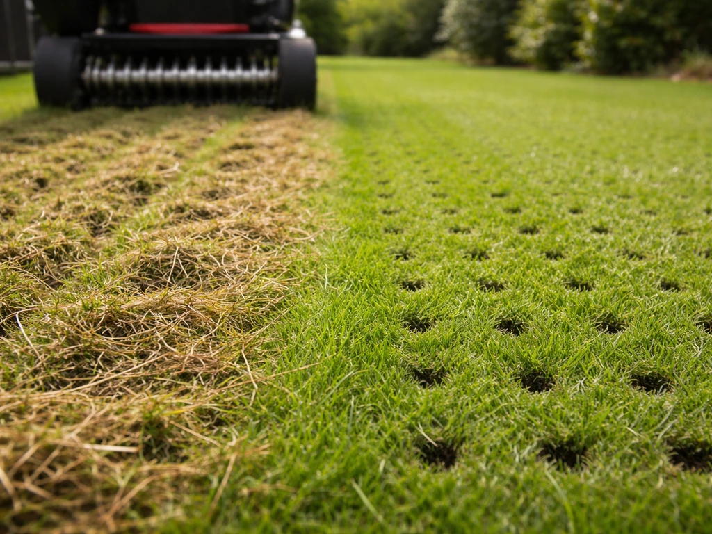 Groene gazonmat met een verticuteermes dat de viltlaag doorsnijdt en beluchtingsprikken in de bodem.