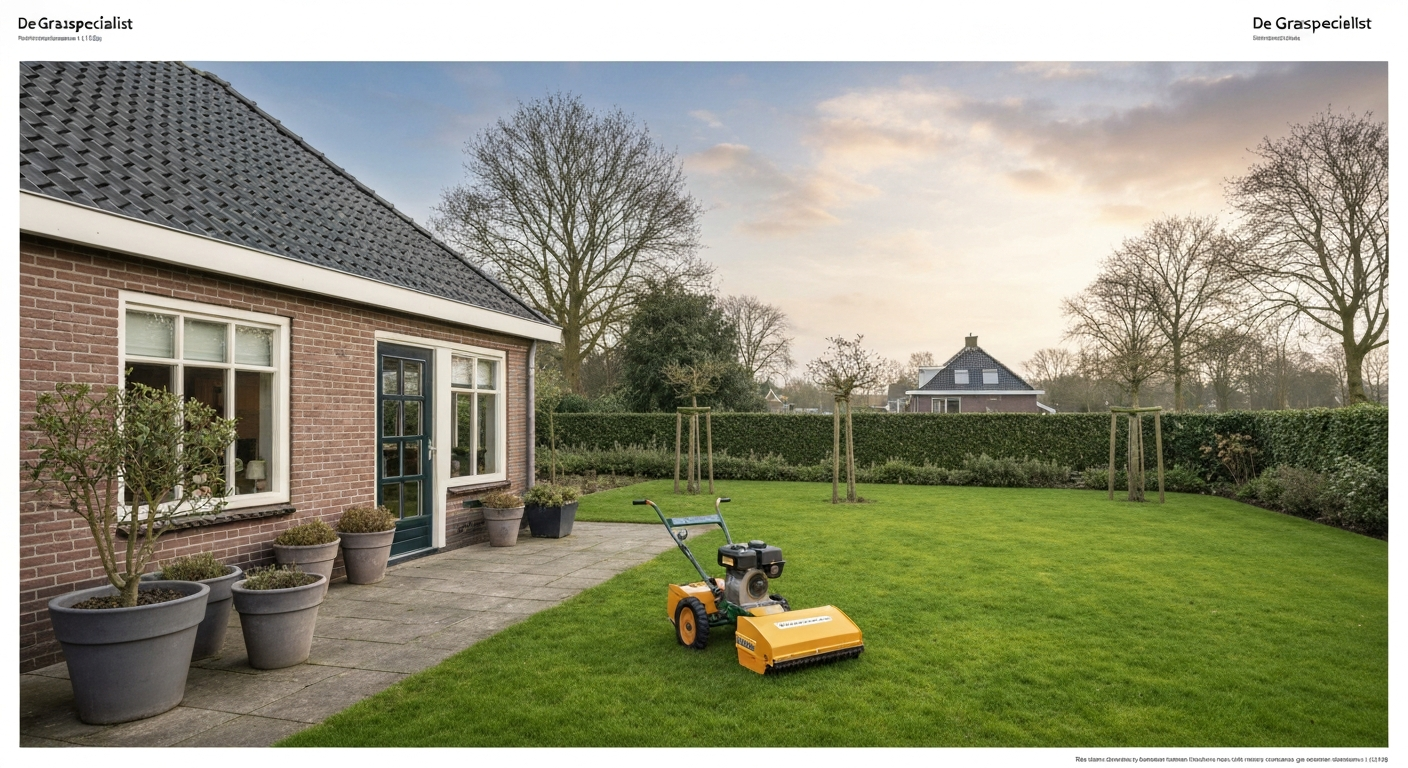 Nederlandse achtertuin in de herfst: persoon rakt bladeren van een gazon, met verticuteermachine, grasmaaier en strooier in de buurt.