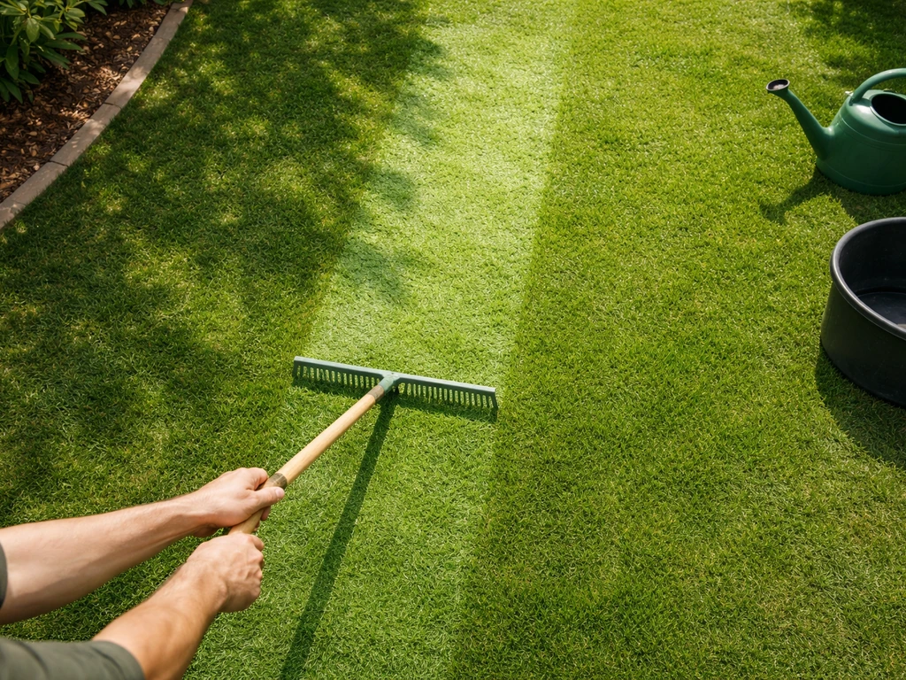 Groen gazon met vers geverfde strook, harken en maaibeurt in één rustige, realistische tuinsetting
