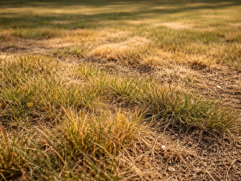 Close-up van geel en bruin gazon, met droogte/hittestress duidelijk zichtbaar op het gras.