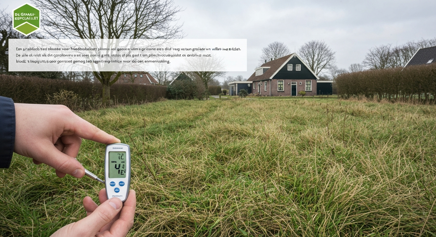 Hand steekt bodemthermometer op 10 cm diepte in vaal Nederlands gazon in januari, thermometer toont ~4 °C