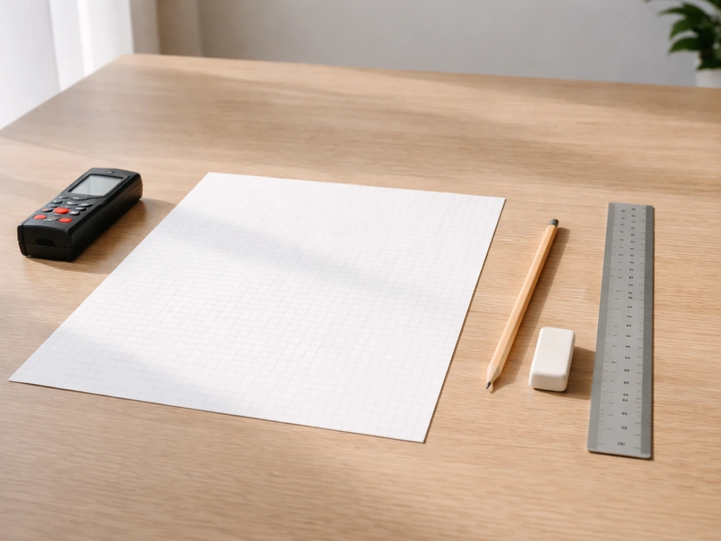 Meet- en tekenspullen op tafel: rolmaat/lasermeter, millimeterpapier, potlood, gum en liniaal.