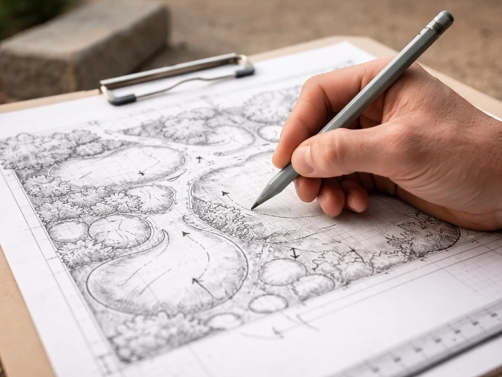 Close-up van een hand die potloodaantekeningen maakt op een eenvoudige tuinschets met drainage- en afwateringsdetails.