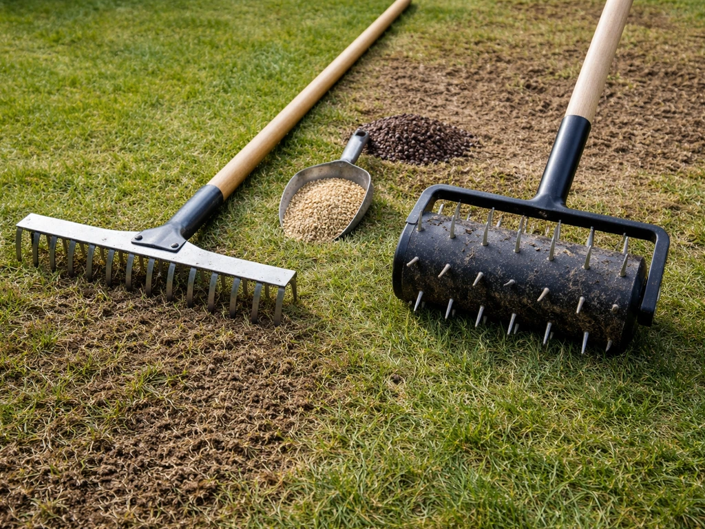 Close-up van verticuteer- en beluchtingsgereedschap op een gereedgemaakt gazon met graszaad en mest.