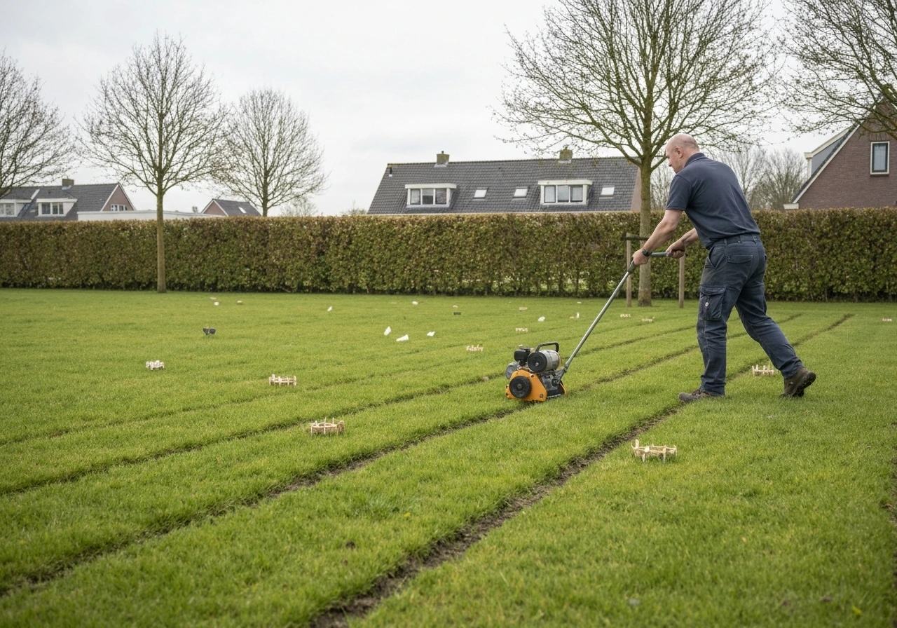Tuinman belucht het gazon met een beluchtingsvork; zichtbare kleine gaten in de bodem na beluchting.