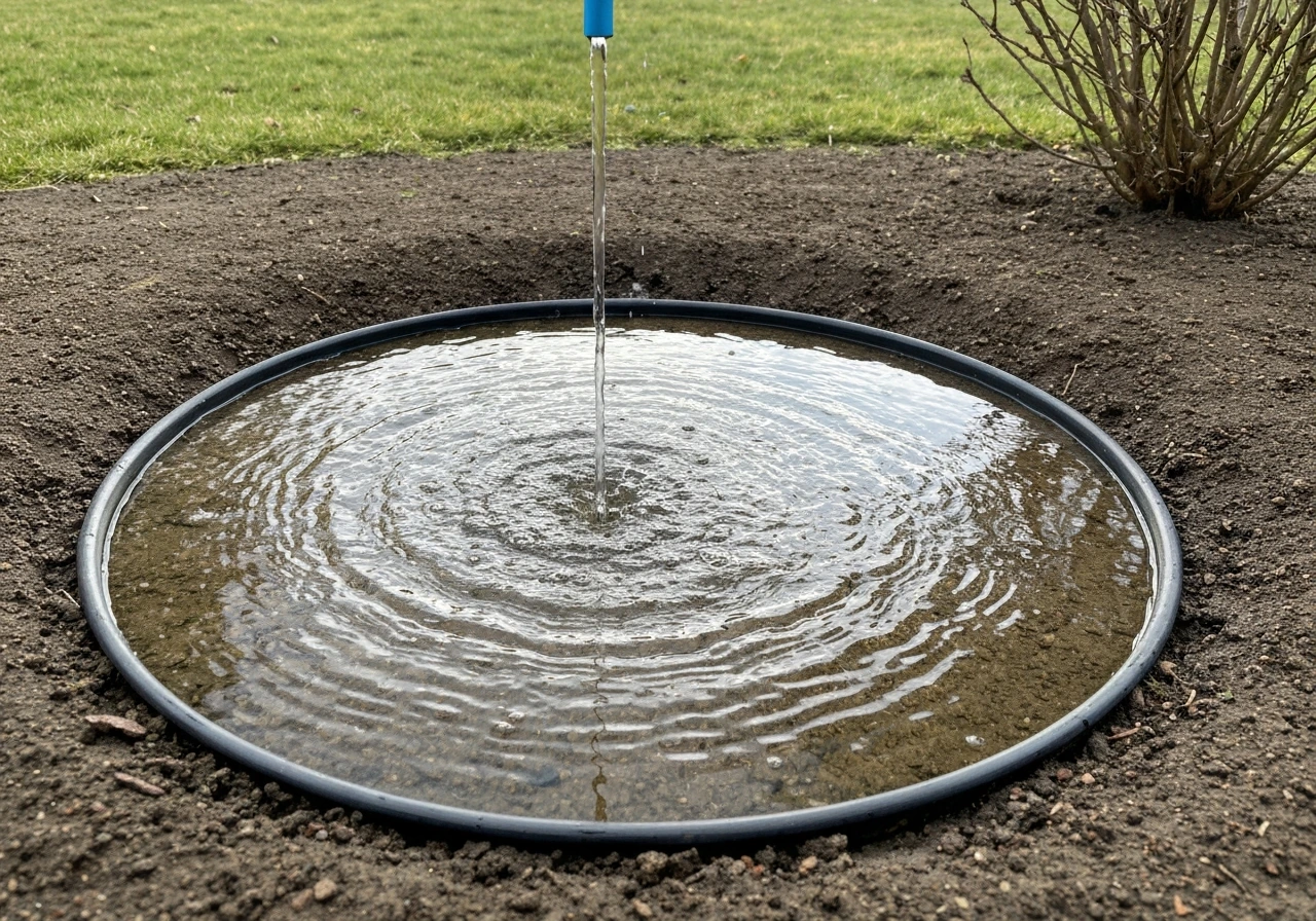 Tuinsproeier met een duidelijke natte kring in de bodem, zichtbaar vocht op de grond