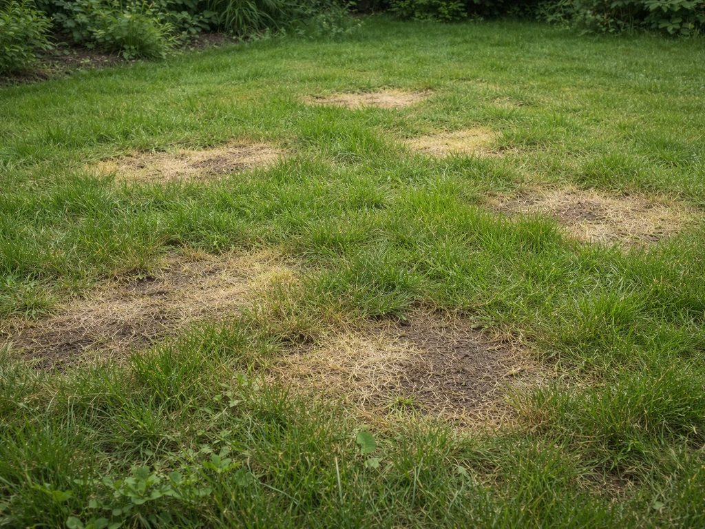 Nederlands gazon met gele en bruine vlekken en ongelijkmatige grasmat, duidelijk gras uitslag zichtbaar.