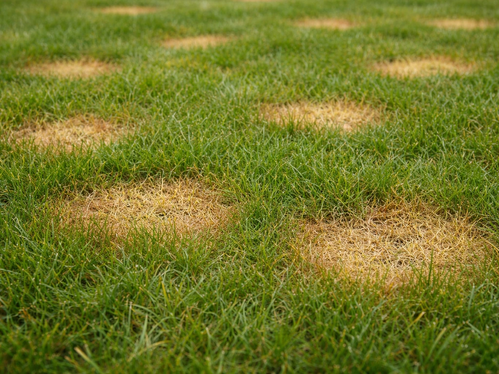 Close-up van gazon met gele en lichtbruine vlekken en duidelijke randen in het gras