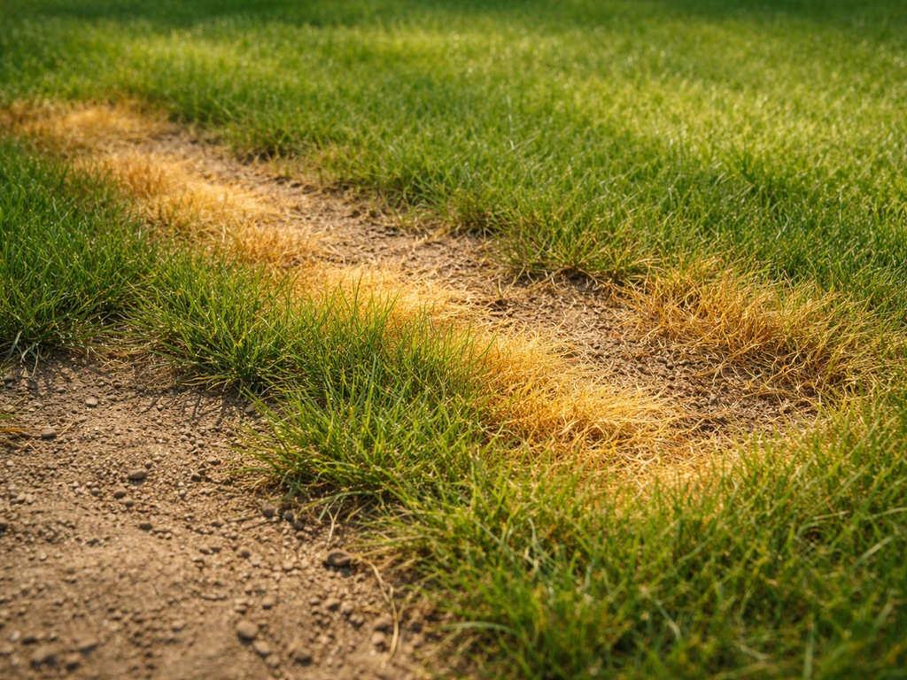 Geelbruine, scherp begrensde strepen op gras door mest- of sproeischade, met droge grond eromheen.