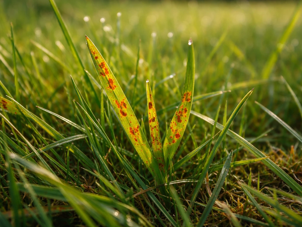 Close-up van Nederlands gazon met gras met rode punten en roestachtige roodbruinachtige verkleuring.