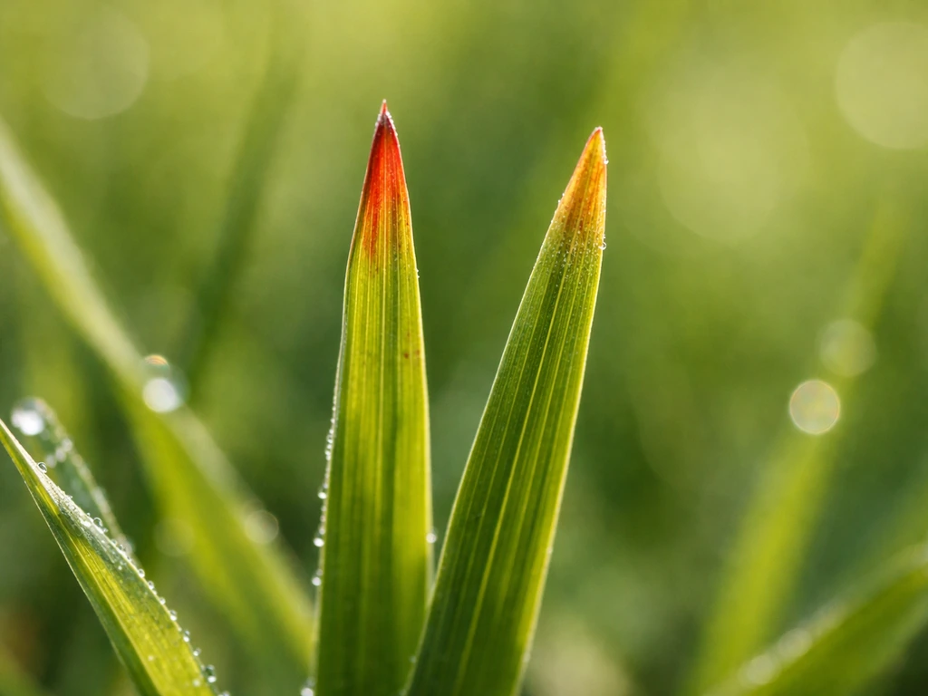 Close-up van rood en oranje vlekken op graspolletjes, scherp zichtbaar verschil in kleur en textuur.