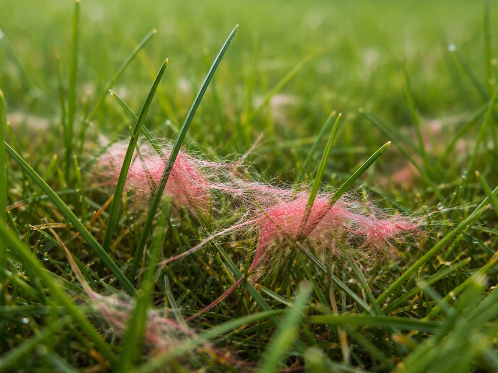 Roze-rode rooddraadschimmeldraden tussen gazonbladhalmen, met gras en vochtige achtergrond wazig.