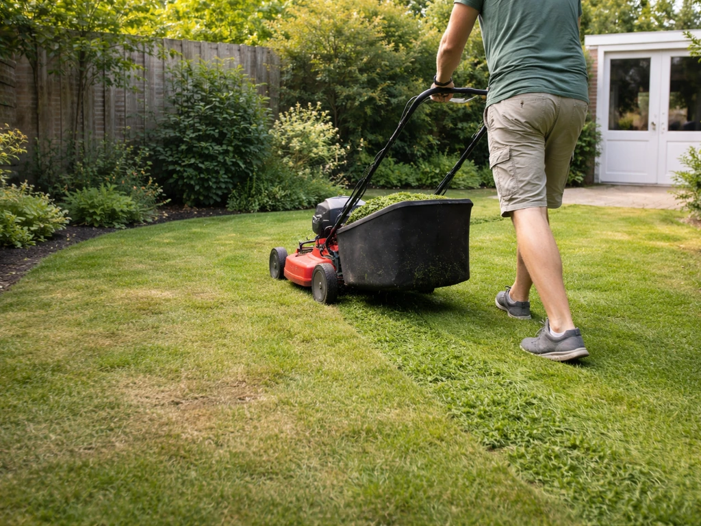 Loopmaaier met opvangbak die vers maaisel verzamelt bij zichtbaar aangetast gras in een rustige tuin.