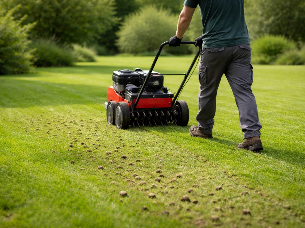 Tuinman in een Nederlands gazon met een holle-tand-aerator die gaatjes prikt in verdichte grond