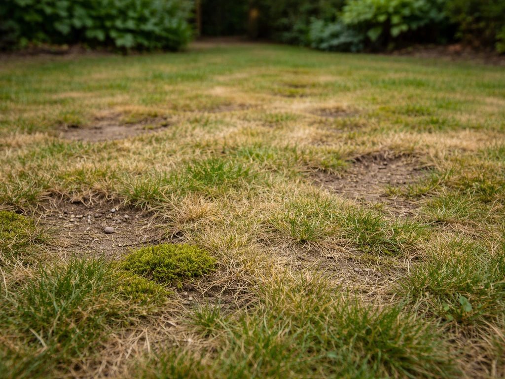 Close-up van getekend gazon met gele/bruine plekken, mos en kale fragmenten in een tuin