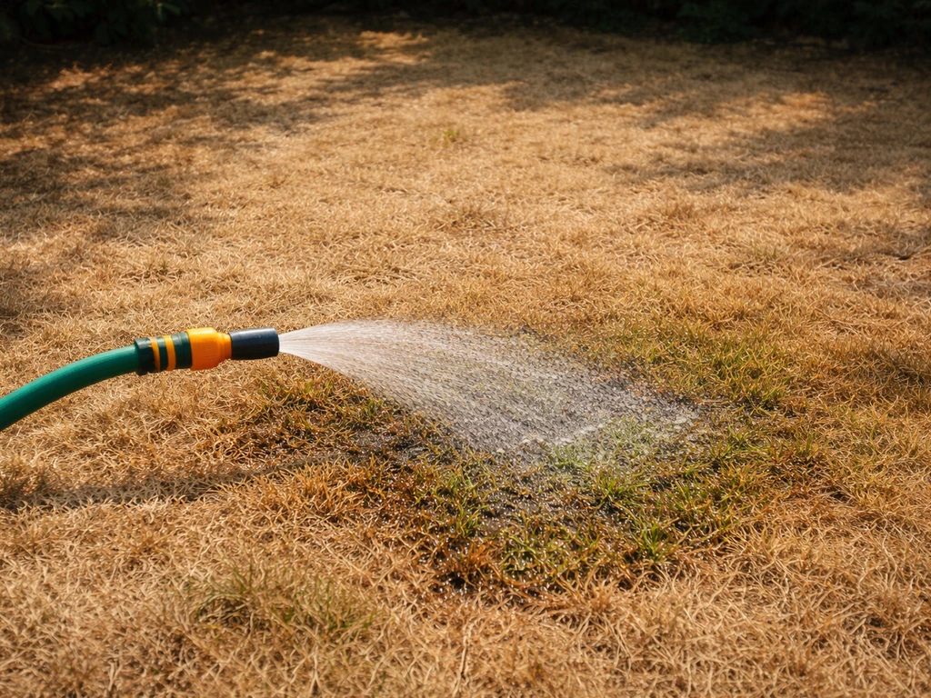 Dorre bruine grasmat die wordt besproeid met een tuinslang als herstel na droogte