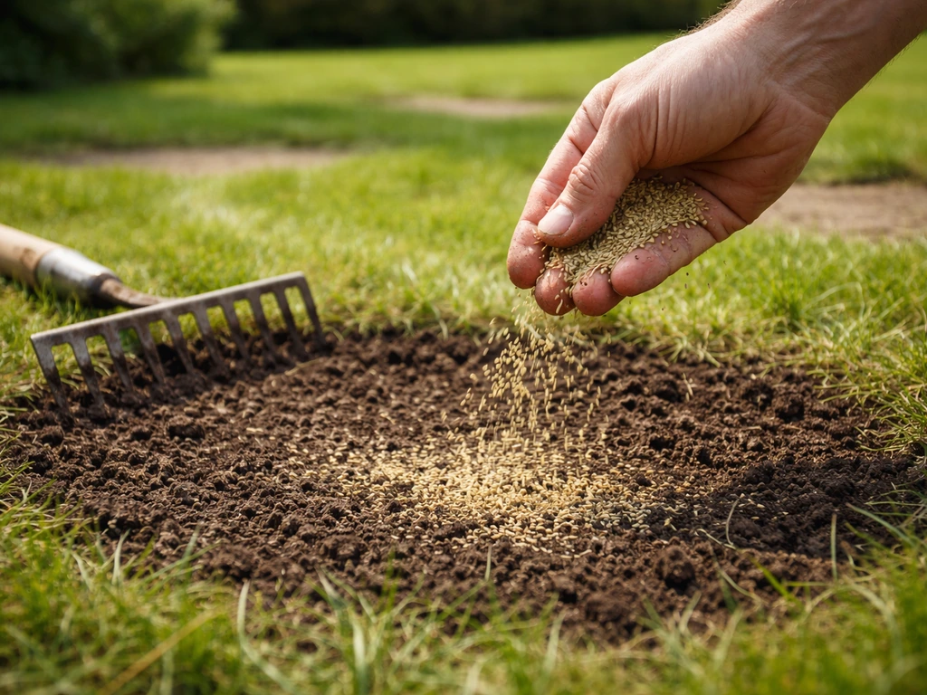 Close-up van losharken en inzaaien van een kale plek in het gazon met zichtbaar aarde en graszaad.