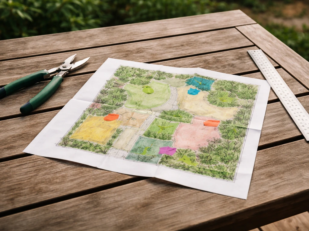 Bovenaanzicht van een tuinplan met gekleurde zones en pijlachtige aanwijzingen op een houten tafel.