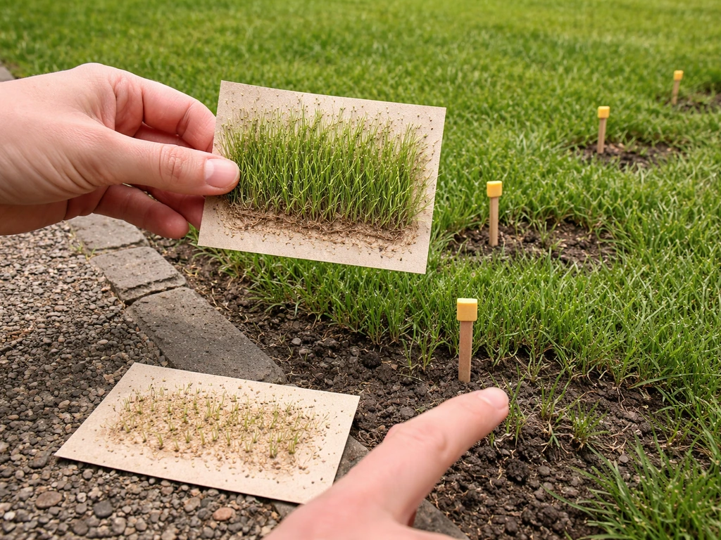 Hand houdt een originele graskaart bij een tweede kaart op de grond, met markeerstokjes en jonge sprieten in het gazon.