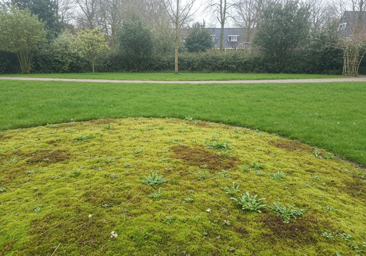 Gazondeel met mos en kale/geel verkleurde plekken, wachtend om weer mooi gemaakt te worden.