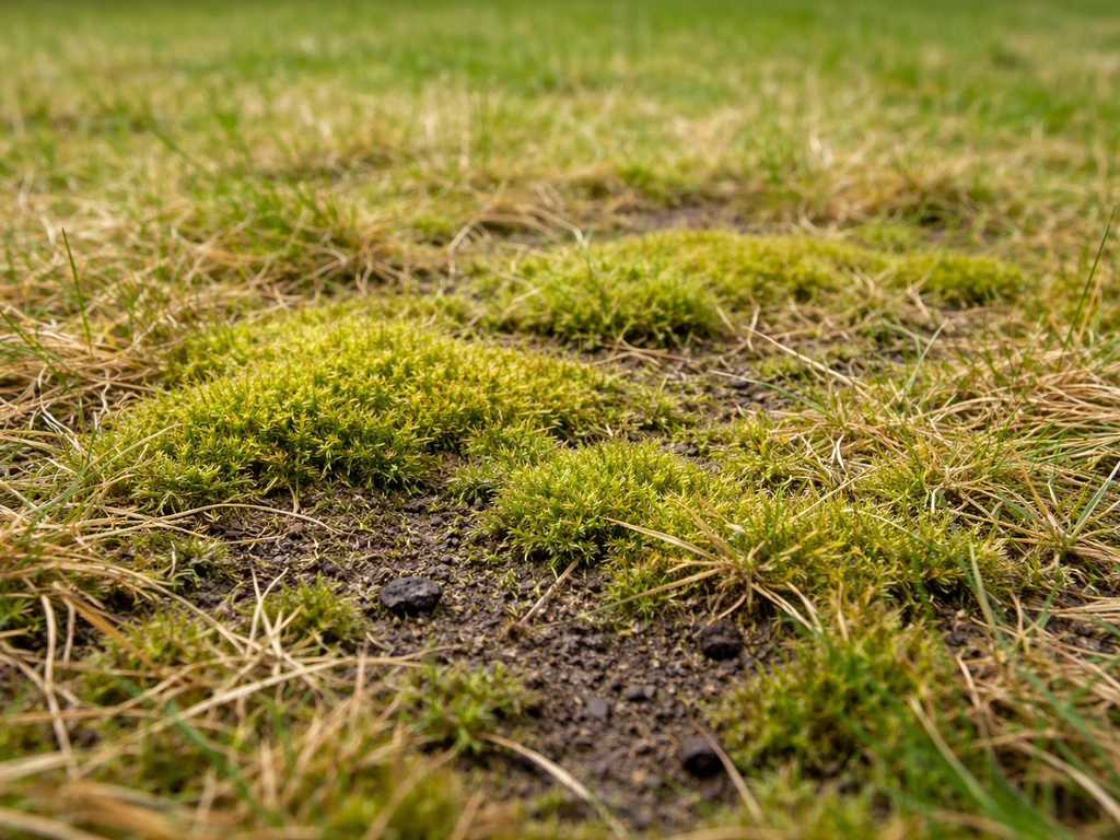 Close-up van mos in het gazon, tussen dun gras en vochtige donkere grond.