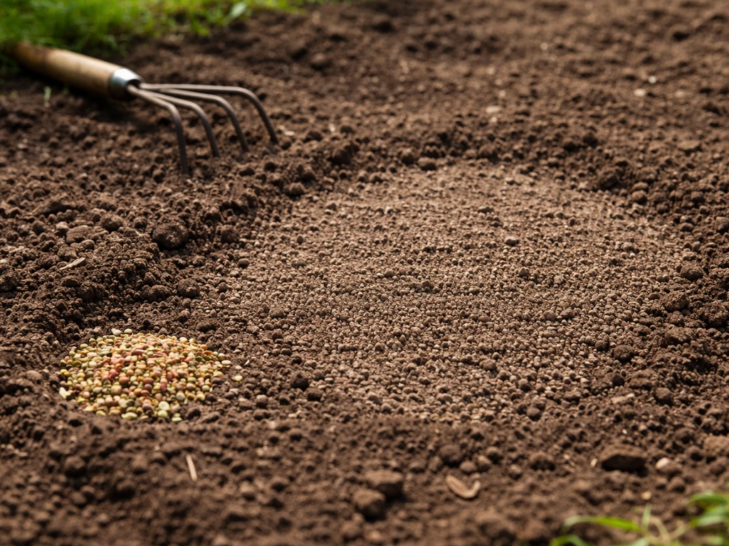 Kale plek in moestuin, opengekrabde grond en licht aangeharkte dekking met zaden ernaast