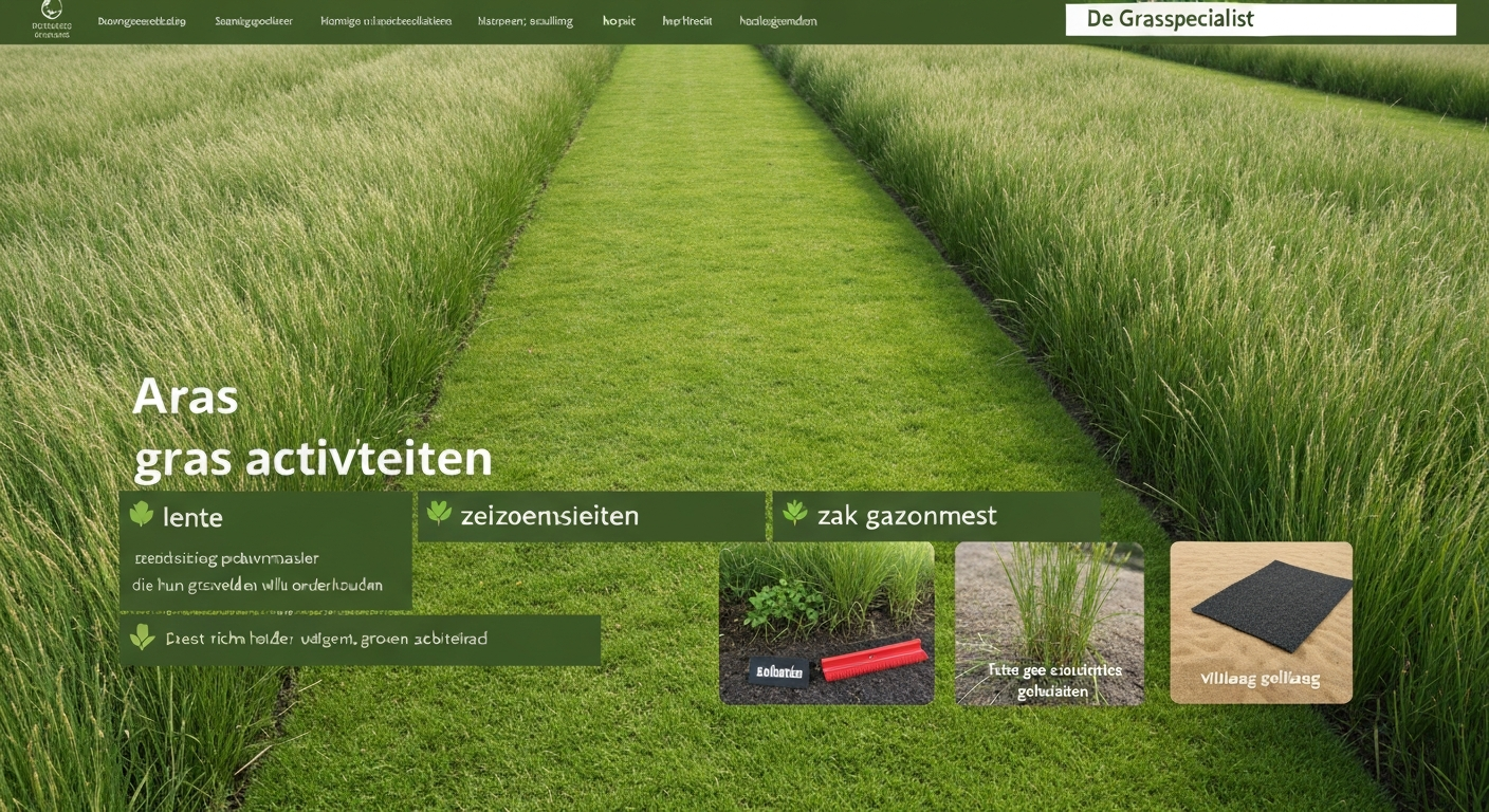 Gezond gazon met tuingereedschap, seizoensiconen en doorsnede van grasmat (hero-afbeelding)