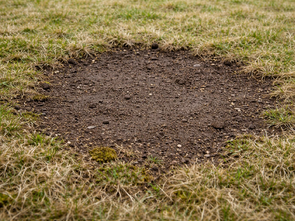 Close-up van een gazon met kale plekken: open grond en randjes van dood/vilt gras na de winter.