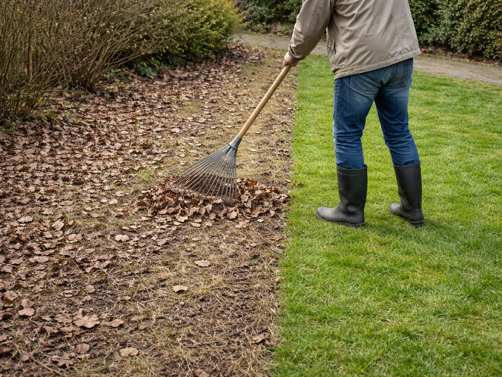 Tuinhark verwijdert bladeren van het gazon; links rommelige restjes, rechts schoon en groen gras.