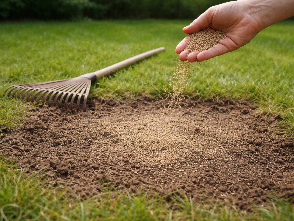 Anonieme hand die graszaad uitstrooit op een kale plek; bovenlaag net losgeharkt en licht ingegraven.