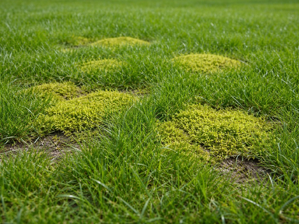 Detail van een Nederlands gazon met duidelijke mosplekken tussen sterk groeiend gras, klaar voor onderhoud.