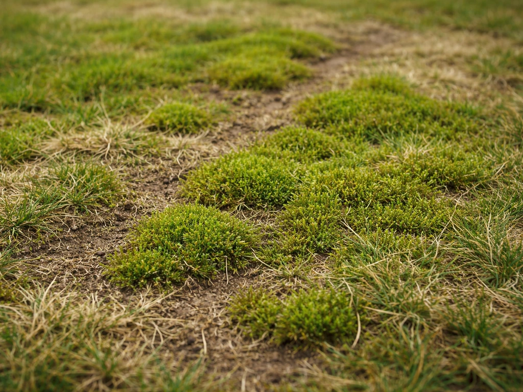 Close-up van mos tussen verzwakt gras, met duidelijke kale en verdroogde plekken in de grasmat.