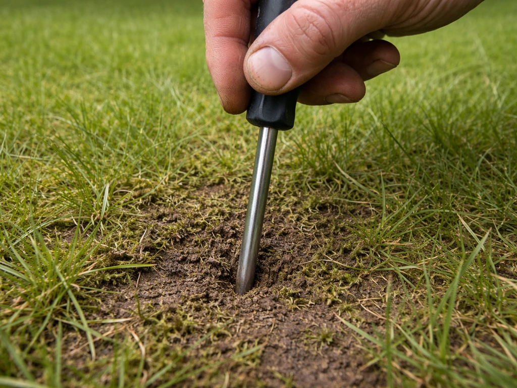 Schroevendraaier gaat moeilijk de verdichte grond in; mos en samengekoekt gras op een drukplek in het gazon.