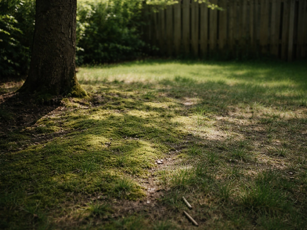 Mos breidt uit op een schaduwplek met dun gras onder een boom en langs een houten schutting