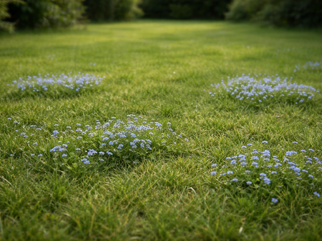 Nederlands gazon met gras en duidelijk blauwe bloempjes verspreid tussen het gras.