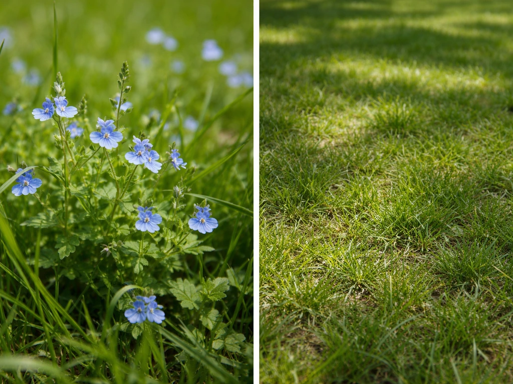 Blauwbloeiende plant tussen het gazon, met één tweede kijkhoek waar ook niet-bloeiende plekjes zichtbaar zijn
