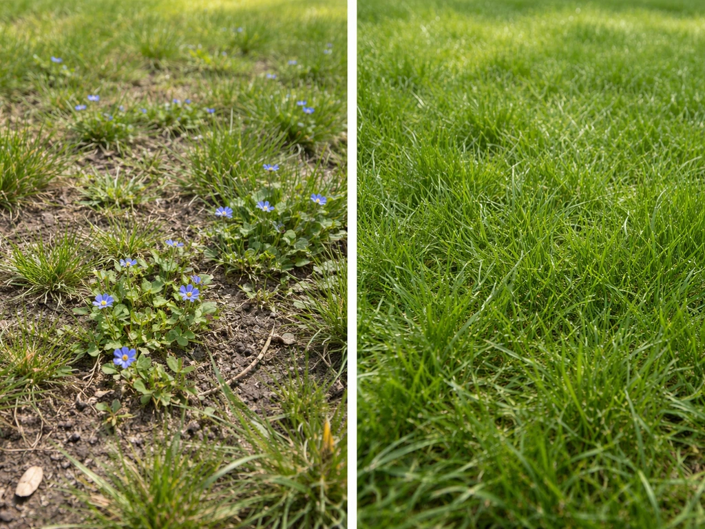 Close-up van een gazon: open, schraal gras met blauwe bloemetjes tegenover een dichte, volle grasmat.