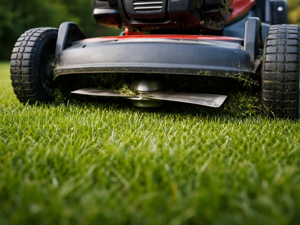 Close-up van een grasmaaier die 4–5 cm gras maait, met messen/maaidek op correcte stand