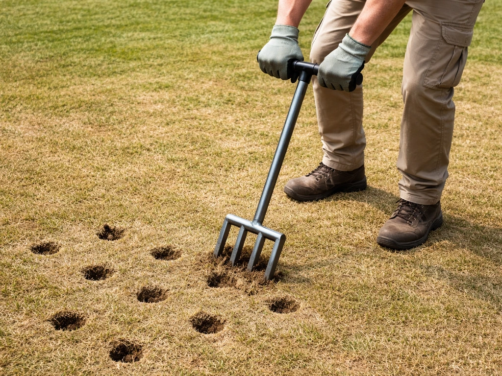 Tuinier prikt gaten in verdichte grasmat met hooivork/beluchter; zichtbare gaatjes in de grond.