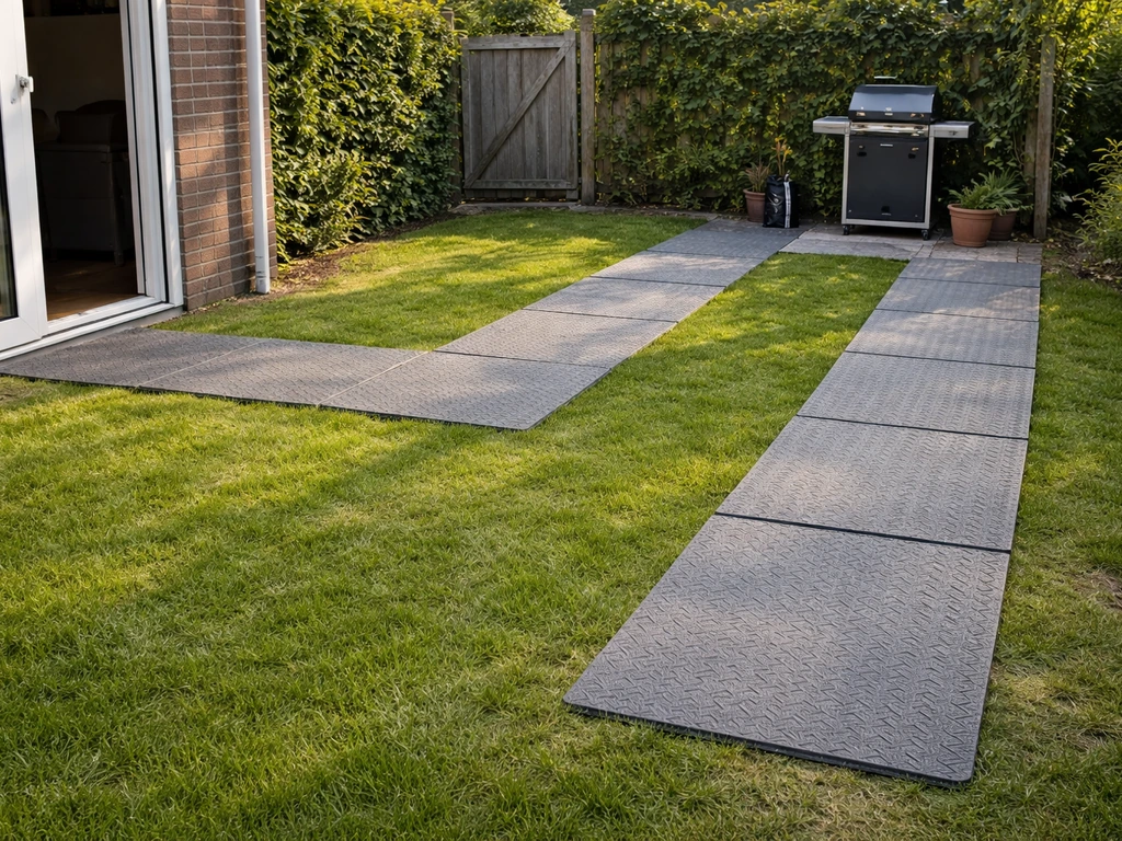 Tijdelijke rijplaten/loopmatten vormen looproutes over het gazon richting terras en BBQ.