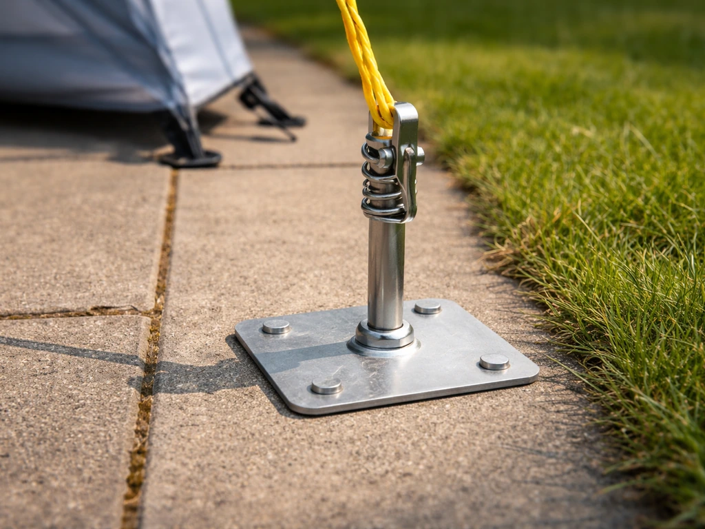 Close-up van een haringvoet op een brede grond-peg/onderlegplaat naast gras, zonder haringen in het gazon.