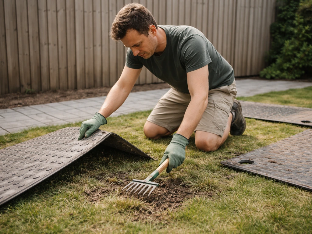 Gazon na een feest: lege plekken, weggehaalde rijplaat en een persoon die het gras kort inspecteert
