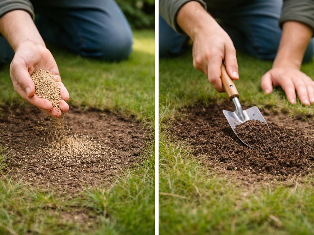 Handen die graszaad en teelaarde uitstrooien in een kale plek van een gazon, daarna licht egaliseren