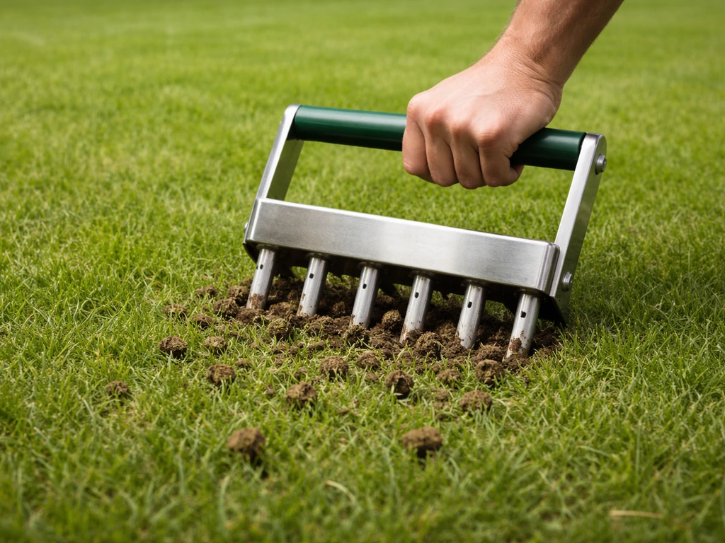 Een gazonbeluchter prikt gaten in het gras voor betere worteldoorluchting, in natuurlijk daglicht.