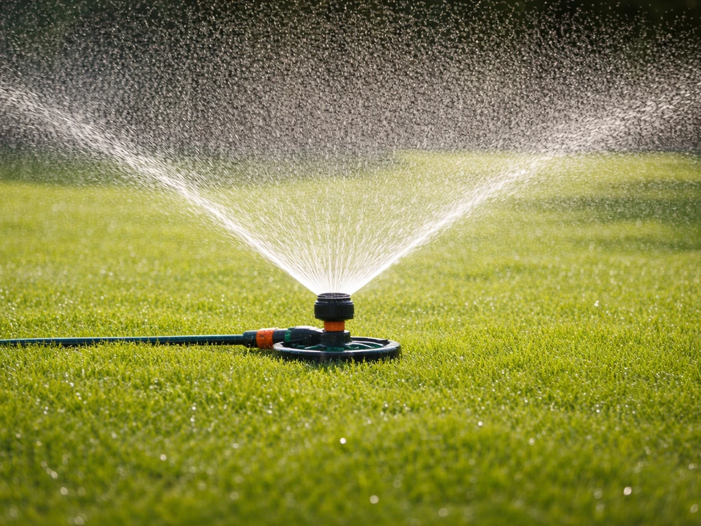 Gerichte sproeier die water uitspuit op een Nederlands gazon, met zichtbare druppels in zomerdaglicht.